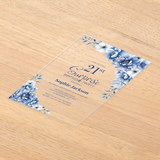 Stijlvolle Blauwe Bloemen Verrassing 21ste Verjaar Acryl Uitnodigingen (Laagn)