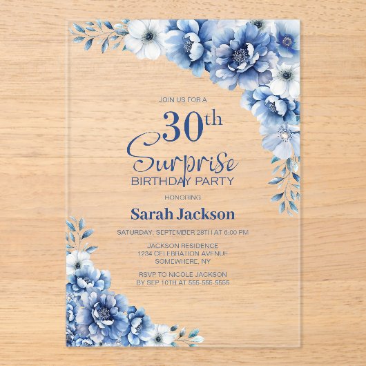 Stijlvolle Blauwe Bloemen Verrassing 30ste Verjaar Acryl Uitnodigingen (Voorkant)