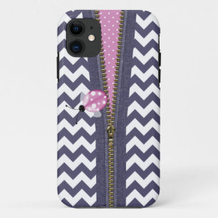 Stijlvolle blauwe chevron met rits en roze lievehe iPhone 11 hoesje