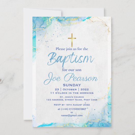 Stijlvolle blauwe doop uitnodigingskaart voor zoon kaart (Voorkant)