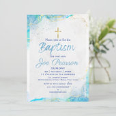 Stijlvolle blauwe doop uitnodigingskaart voor zoon kaart (Staand voorkant)