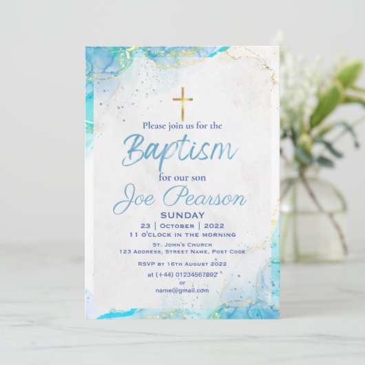 Stijlvolle blauwe doop uitnodigingskaart voor zoon kaart (Staand voorkant)