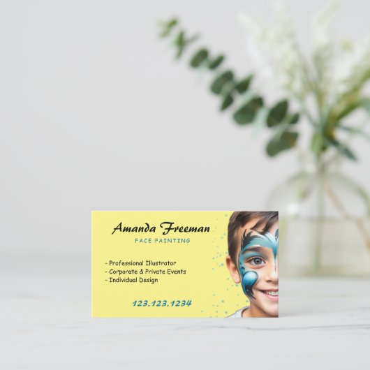 Stijlvolle Blauwe en Gele Partij Gezicht Schilder Visitekaartje (Staand voorkant)