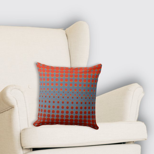Stijlvolle Blauwe en Rode Halftone Stippen Kussen (Stylish Blue and Red Halftone Dots Throw Pillow)