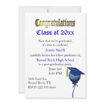 Stijlvolle blauwe en witte uitnodiging voor eindex