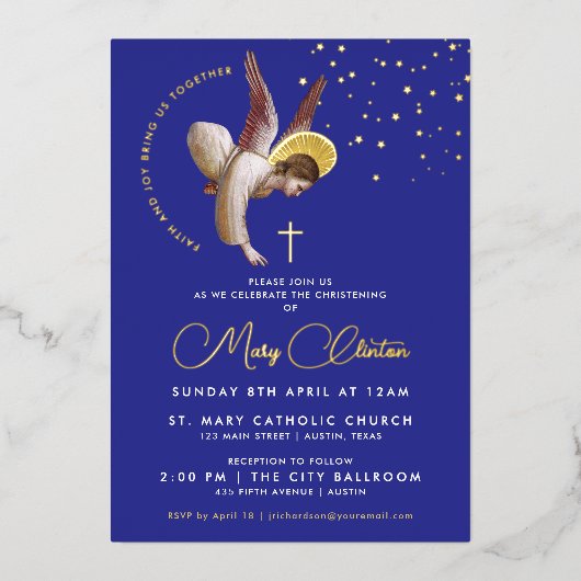 Stijlvolle Blauwe Engel doopsel doopsel Folie Uitnodiging (Voorkant)