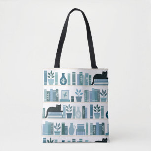 Stijlvolle blauwe folk art boeken & kattenliefhebb tote bag