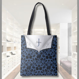 Stijlvolle blauwe gebloemde tas met monogram toteb