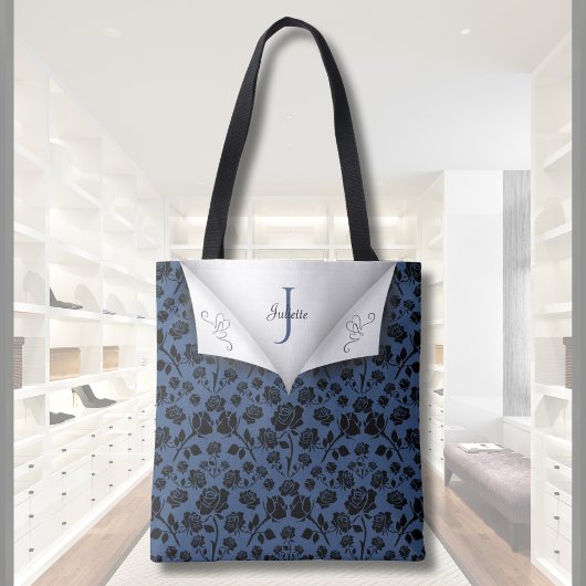 Stijlvolle blauwe gebloemde tas met monogram toteb