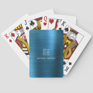 Stijlvolle blauwe geborstelde metalen monogramnaam pokerkaarten