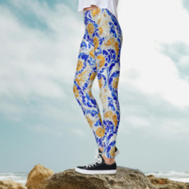 Stijlvolle blauwe gele zonnebloem Arabesk Waterver Leggings