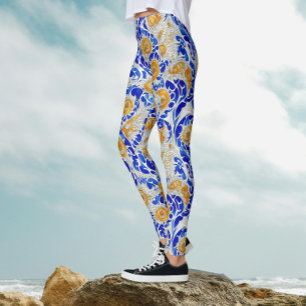 Stijlvolle blauwe gele zonnebloem Arabesk Waterver Leggings