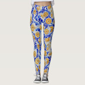 Stijlvolle blauwe gele zonnebloem Arabesk Waterver Leggings (Voorkant)