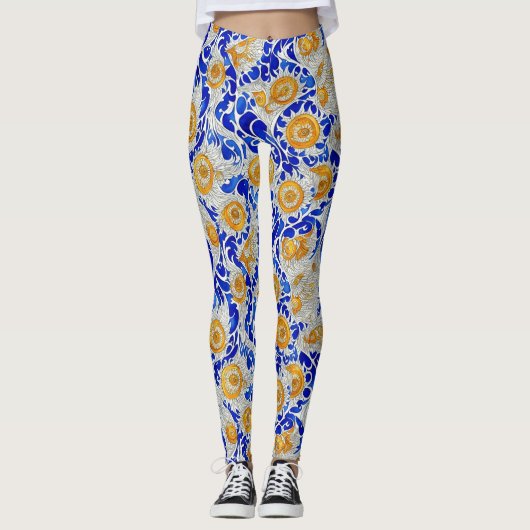 Stijlvolle blauwe gele zonnebloem Arabesk Waterver Leggings (Voorkant)