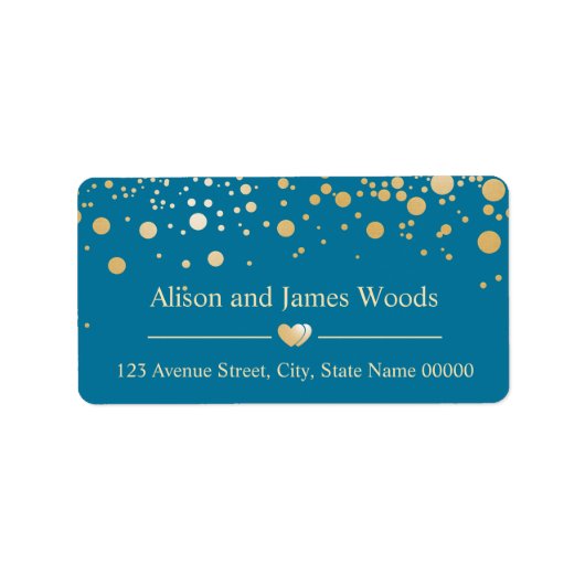Stijlvolle blauwe gouden confetti-stippen trouwdag etiket (Voorkant)