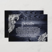 Stijlvolle Blauwe Houten Kant Bruiloft Details Informatiekaartje (Voorkant / Achterkant)