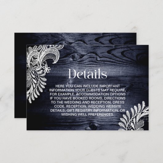 Stijlvolle Blauwe Houten Kant Bruiloft Details Informatiekaartje (Voorkant / Achterkant)