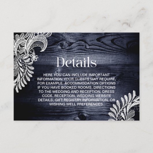 Stijlvolle Blauwe Houten Kant Bruiloft Details Informatiekaartje (Voorkant)