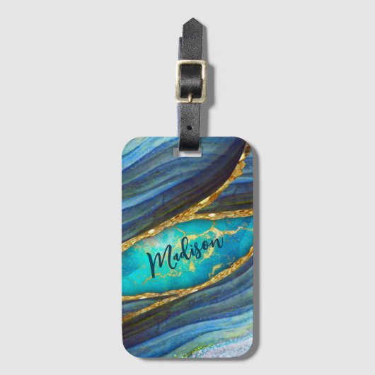 Stijlvolle blauwe marmer voor goudglitter bagagelabel (Voorkant (verticaal))
