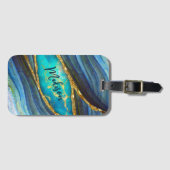 Stijlvolle blauwe marmer voor goudglitter bagagelabel (Voorkant (horizontaal))