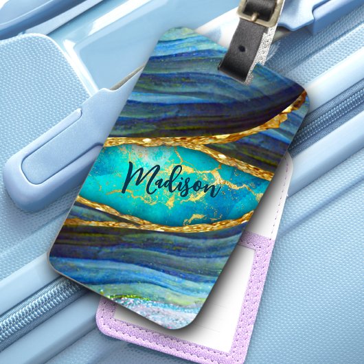 Stijlvolle blauwe marmer voor goudglitter bagagelabel