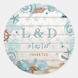 Stijlvolle blauwe nautische strandtrouw ronde sticker