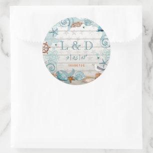 Stijlvolle blauwe nautische strandtrouw ronde sticker