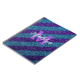 Stijlvolle Blauwe & Paarse Glitter Monogram Naam Notitieboek