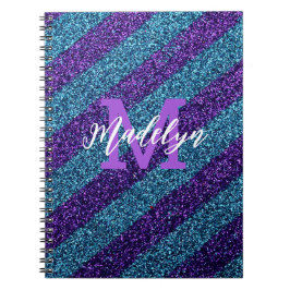 Stijlvolle Blauwe & Paarse Glitter Monogram Naam Notitieboek