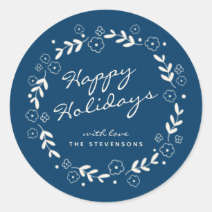 Stijlvolle Blauwe Prettige Feestdagen Bloemige Een Ronde Sticker