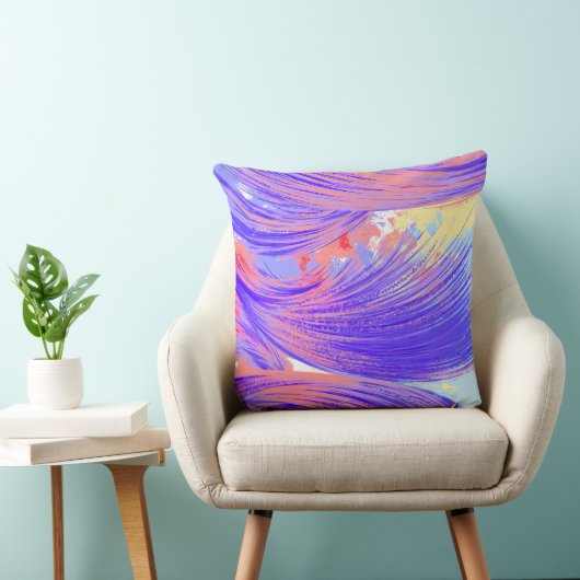 Stijlvolle Blauwe Roze Abstracte Veren Kussen (Stoel)
