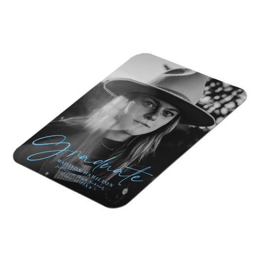 Stijlvolle Blauwe Script Afstuderen Aankondigingsf Magneet (Linkerzijde)