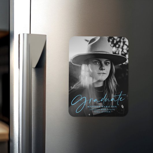 Stijlvolle Blauwe Script Afstuderen Aankondigingsf Magneet