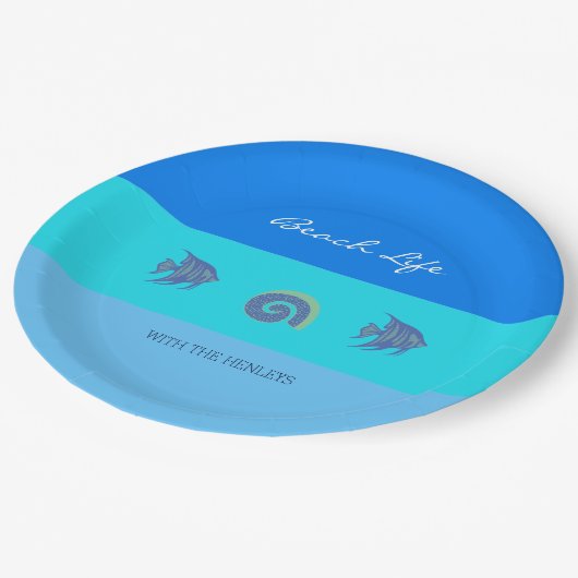 Stijlvolle blauwe strepen Fish Shells Beach House Papieren Bordje (Gekanteld)