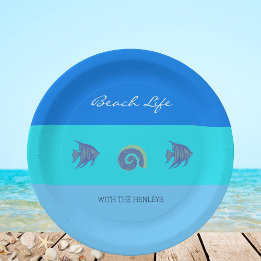 Stijlvolle blauwe strepen Fish Shells Beach House Papieren Bordje