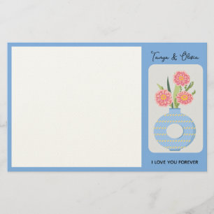 Stijlvolle blauwe vaas met kleurrijk bloemendesign briefpapier