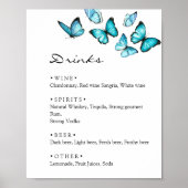 Stijlvolle blauwe vlinders bruiloft Dranken menu b Poster (Voorkant)