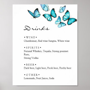 Stijlvolle blauwe vlinders bruiloft Dranken menuka Poster