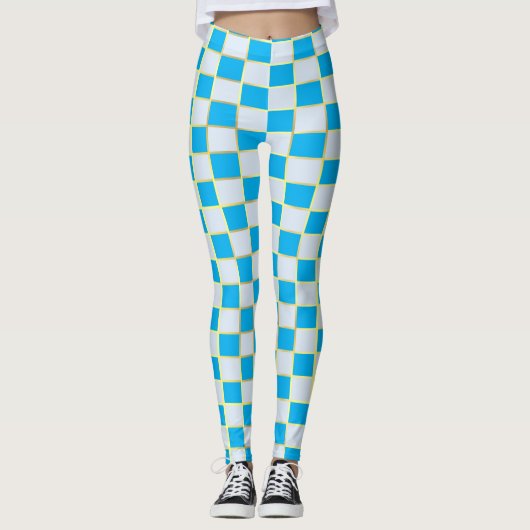 Stijlvolle Blauwe Wit & Gouden Checker Vierkante Y Leggings (Voorkant)