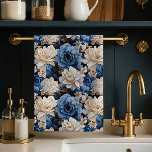 Stijlvolle blauwe witte bloem ivoren keukendoek de theedoek
