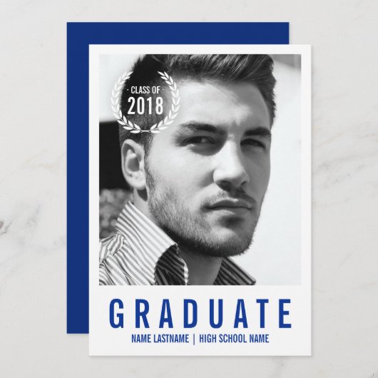 Stijlvolle blauwe, witte moderne foto Afstuderen u Kaart (Voorkant / Achterkant)
