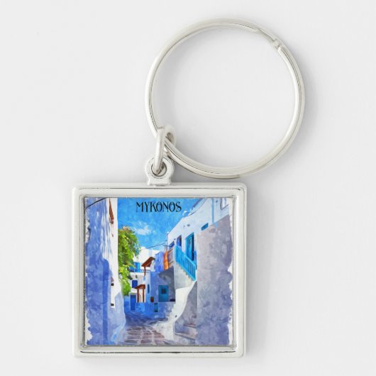 Stijlvolle Blauwe Witte Mykonos Griekenland Waterv Sleutelhanger (Voorkant)