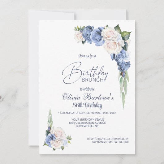 Stijlvolle Blauwe Witte Roos Bloemen Verjaardag Br Kaart (Voorkant)