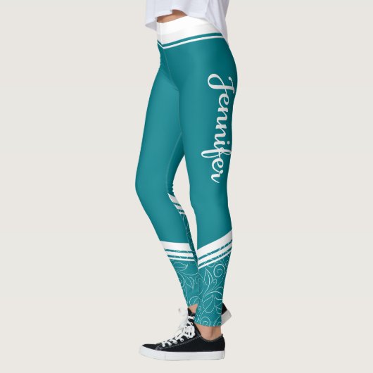 Stijlvolle blauwgroen blauwe witte strepen en naam leggings (Links)