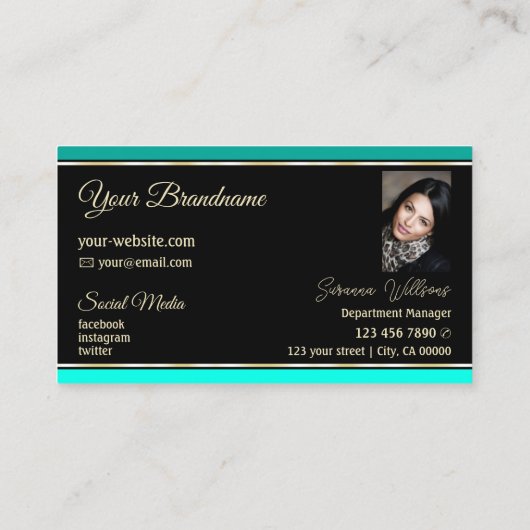 Stijlvolle Blauwgroen Borders op Zwart Modern met  Visitekaartje (Achterkant)