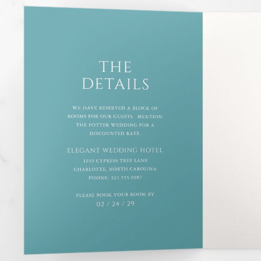 Stijlvolle Blauwgroen bruiloft Drieluik Uitnodiging (Binnenzijde eerst)