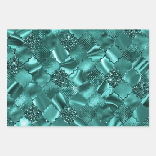 Stijlvolle Blauwgroen Glitter Diamond Folie Patron Inpakpapier Vel (Voorkant)