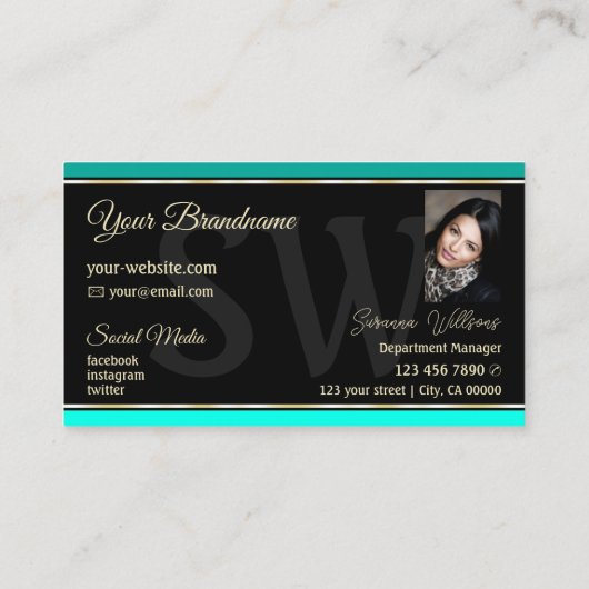 Stijlvolle Blauwgroen grenzen op zwart monogram en Visitekaartje (Achterkant)