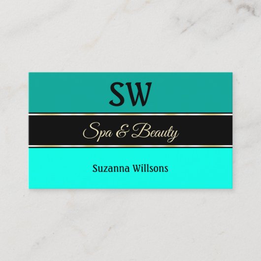 Stijlvolle Blauwgroen grenzen op zwart monogram en Visitekaartje (Voorkant)