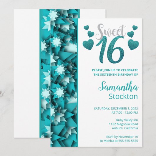 Stijlvolle Blauwgroen Sweet 16 Invitation Kaart (Voorkant / Achterkant)